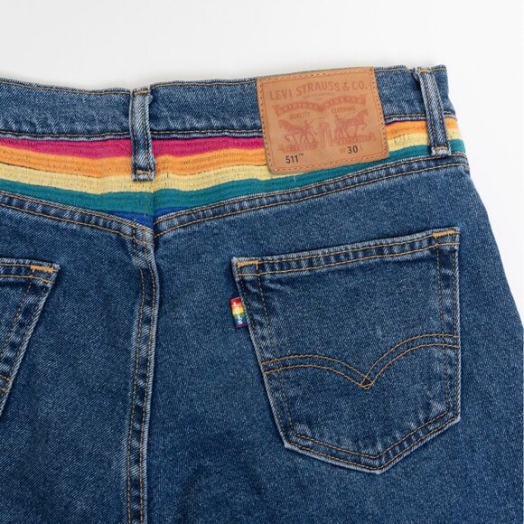 Levis 511 Shorts Blue Denim Pride Rainbow Stonewall Raw Hem Embroidered Size 30 - Picture 7 of 14